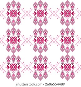 Geometric ethnic pattern, Native American tribal fabric, pink on white background. Floral fabric pattern, wallpaper, classic damask pattern, tile, carpet. Seamless vector pattern with heart shape.