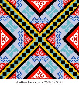 Patrón étnico geométrico, tela tribal nativa americana, azulejo, alfombra, Vector, 
Diseño de ilustración, sobre fondo azul 


