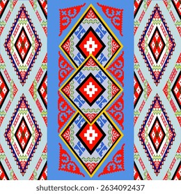 Patrón étnico geométrico, 
Tela tribal americana nativa, azulejo, alfombra, Vector, 
Diseño de ilustración, sobre fondo rojo marino 
