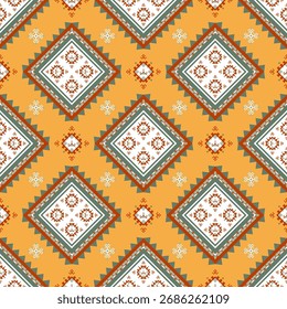 Geometrisches ethnisches Muster,
Indianer Stammesstoff, nahtloses Muster, auf gelbem Hintergrund