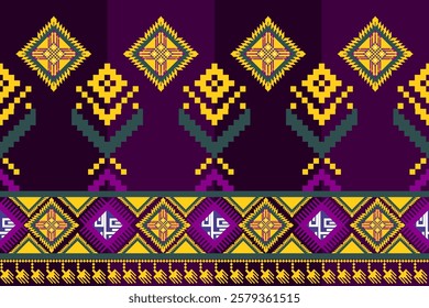 Geometric ethnic pattern, native weaving, native american tribal fabric, tiles, carpets, used in rug weaving, wallpaper, embroidery, card, illustration design on purple background.