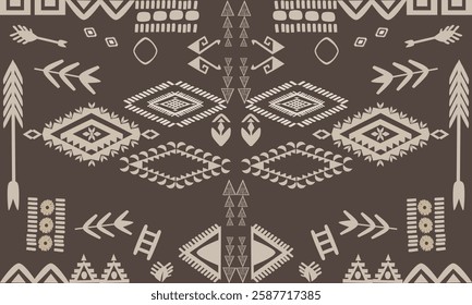 Geometric Ethnic pattern  , Navajo, Vector seamless pattern, On navy  brown background , Native American tribal fabric, For Curtain design , Carpet, Wallpaper,  Wrapping