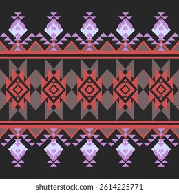 Geometric ethnic pattern on black background in brick red, gray tones. Seamless native american tribal fabric. Suitable for textile, rugs, tiles. Vector illustration design. Traditional indian pattern