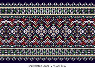 Padrão étnico geométrico sobre fundo preto,ilustração vetorial,padrão floral geométrico,padrão de ponto transversal floral,plano de fundo abstrato,estilo asteca.design para textura,tecido,roupas,decoração,impressão,cachecol.