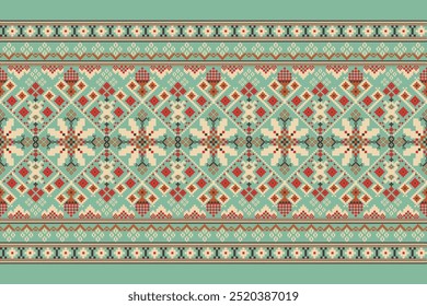 Geometric ethnic pattern on green background,vector illustration,geometric floral pattern,geometric oriental embroidery,Aztec style,abstract background.design for texture,fabric,clothing,decoration.