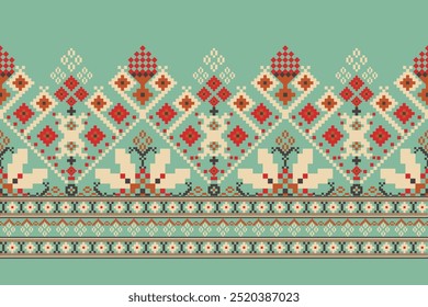 Padrão étnico geométrico no fundo verde,ilustração vetorial,padrão floral geométrico,bordado oriental geométrico,estilo asteca,background.design abstrato para textura,tecido,roupas,decoração.