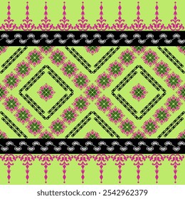 Patrón étnico geométrico en verde
fondo, Ilustración vectorial, geométrico floral
patrón, bordado oriental geométrico, azteca
Estilo, fondo abstracto. Diseño para
textura, tela, ropa, decoración.
