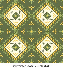 Geometric Ethnic pattern on green tones , Native American tribal fabric, tile, carpet, vector, illustration design, on navy blue background