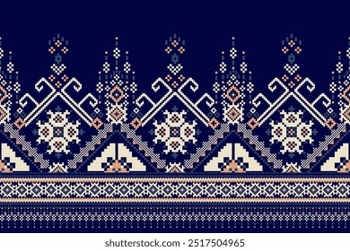 Geometric ethnic pattern on navy bluebackground,vector illustration,geometric floral pattern,geometric oriental embroidery,Aztec style,abstract background.design for texture,fabric,clothing,decoration