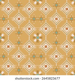 Patrón étnico geométrico en tonos pastel, 
Tela tribal americana nativa, azulejo, alfombra, Vector, diseño de la ilustración, sobre fondo azul marino 