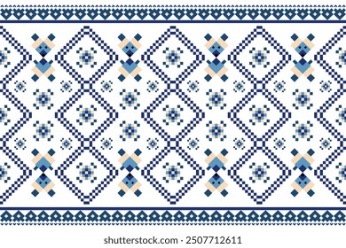 Geometric ethnic pattern on white background vector illustration.floral  and little mice cartoon pixel art embroidery.design for texture,fabric,clothing,decoration,border,frame,wallpaper.