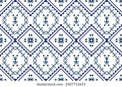 Geometric ethnic pattern on white background vector illustration.floral  and little mice cartoon pixel art embroidery.design for texture,fabric,clothing,decoration,border,frame,wallpaper.