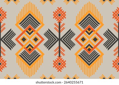 Geometric ethnic pattern with orange, black, and yellow tribal motifs on a beige background, Aztec, native, indigenous, African design. Perfect for textile prints, home decor, background, wallpaper.