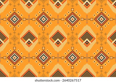 Geometric ethnic pattern with orange, black, and yellow tribal motifs on a beige background, Aztec, native, indigenous, African design. Perfect for textile prints, home decor, background, wallpaper.