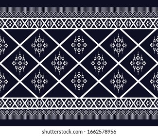 Geometric ethnic pattern oriental design on dark midnight navy background. White Traditional geometry abstract for wallpaper handcraft, carpet, clothing, fabric, wrapping. Embroidery design.