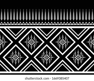 Diseño oriental de patrones étnicos geométricos sobre fondo negro. Extracto de geometría tradicional blanca para artesanía de papel pintado, alfombra, ropa, diseño de tela, envoltura. Estilo bordado.