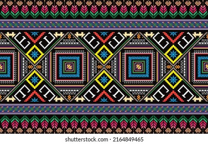 Geometric ethnic pattern oriental design on dark midnight navy background. Traditional geometry abstract with pink, white, yellow, green color for wallpaper handcraft, carpet, clothing, fabric design.