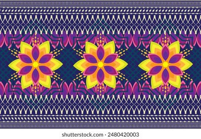 Geometric ethnic pattern oriental design on dark midnight navy background. Traditional geometry abstract with pink, white, yellow, green color for wallpaper handcraft, carpet, clothing, fabric design.