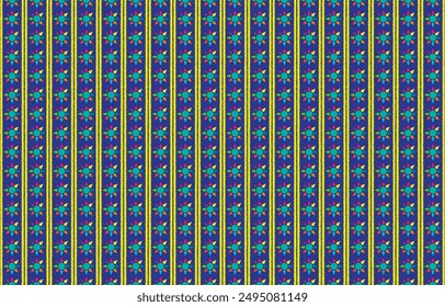 Geometric ethnic pattern oriental design on dark midnight navy background. Traditional geometry abstract with pink, white, yellow, green color for wallpaper handcraft, carpet, clothing, fabric design.