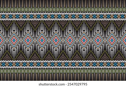 Geometric ethnic pattern oriental design on dark midnight navy background. Traditional geometry abstract with pink, white, yellow, green color for wallpaper handcraft, carpet, clothing, fabric design.