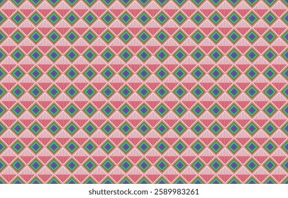 Geometric ethnic pattern oriental design on dark midnight navy background. Traditional geometry abstract with pink, white, yellow, green color for wallpaper handcraft, carpet, clothing, fabric design.