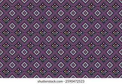 Geometric ethnic pattern oriental design on dark midnight navy background. Traditional geometry abstract with pink, white, yellow, green color for wallpaper handcraft, carpet, clothing, fabric design.