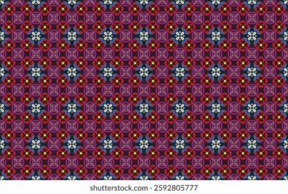 Geometric ethnic pattern oriental design on dark midnight navy background. Traditional geometry abstract with pink, white, yellow, green color for wallpaper handcraft, carpet, clothing, fabric design.