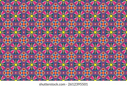 Geometric ethnic pattern oriental design on dark midnight navy background. Traditional geometry abstract with pink, white, yellow, green color for wallpaper handcraft, carpet, clothing, fabric design.