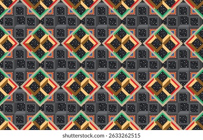 Geometric ethnic pattern oriental design on dark midnight navy background. Traditional geometry abstract with pink, white, yellow, green color for wallpaper handcraft, carpet, clothing, fabric design.
