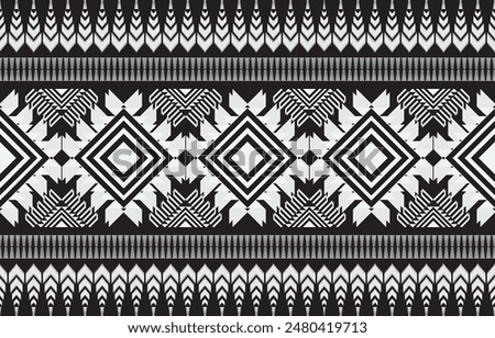 Geometric ethnic pattern oriental design on dark midnight navy background. Traditional geometry abstract with pink, white, yellow, green color for wallpaper handcraft, carpet, clothing, fabric design.