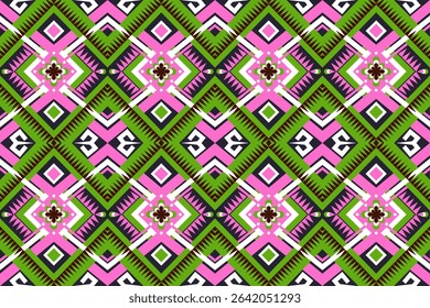 Geometric Ethnic Pattern Oriental Native Green Pink Tribe Traditional Folk Motif Fabric Abstract design for background, rug, wallpaper, wrapping, cloth, fabric, textile, decorative, embroidery style