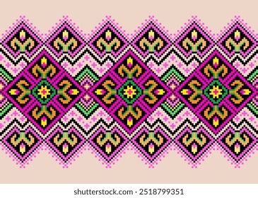 Patrón étnico geométrico, patrón de píxeles, diseño de ropa, tela, fondo, Fondo de pantalla, envoltura, batik. Ropa de mimbre, estilo de bordado, impresión de arte geométrico azteca, Ilustración vectorial.
