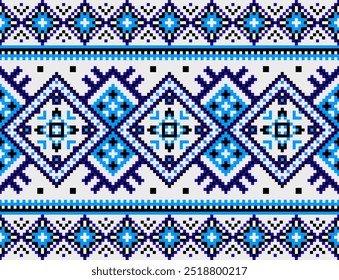 Patrón étnico geométrico, patrón de píxeles, diseño de ropa, tela, fondo, Fondo de pantalla, envoltura, batik. Ropa de mimbre, estilo de bordado, impresión de arte geométrico azteca, Ilustración vectorial.
