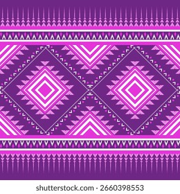 Padrão étnico geométrico textura de fundo sem costura, decoração de tecido tribal rosa roxo, estilo nativo arte impressão elemento gráfico design