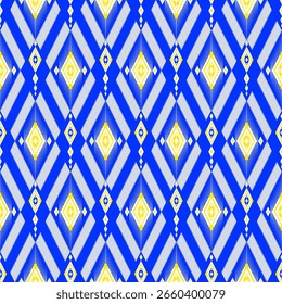 Geometric ethnic pattern seamless background texture, blue white yellow tribal fabric decoration, native style art print graphic design element