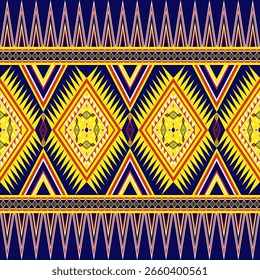 Geometric ethnic pattern seamless background texture, blue yellow red white tribal fabric decoration, native style art print graphic design element