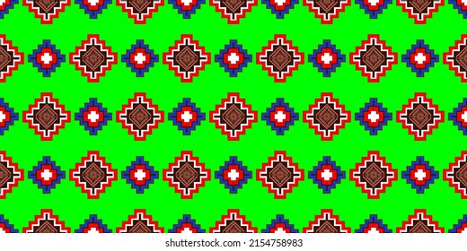 Geometric ethnic pattern seamless flower color green red. Design for fabric, curtain, background, carpet, wallpaper, clothing, wrapping, Batik, fabric,Vector illustration