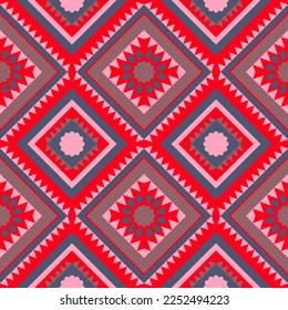 Patrón étnico geométrico con diseño de ornamento abstracto cuadrado triángulo diagonal para tejidos de confección, imprenta, artesanía, bordado, alfombra, cortina, batik, revestimiento de papel pintado, dibujo vectorial