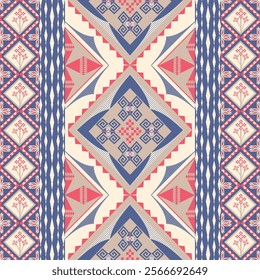 Geometric Ethnic Pattern with Symmetrical Shapes in Red, Blue, Beige, and Floral Motifs
