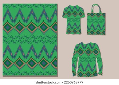 geometric ethnic pattern traditional batik painting. Brazil style. implement a two shirt mockup, and a shopping bag for preview