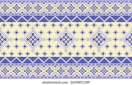 Patrón étnico geométrico tradicional azul y fondo amarillo suave. Diseño para el fondo, alfombra, Fondo de pantalla, ropa, envoltura, Batik, tela, sarong. Estilo de bordado de Ilustración vectorial.