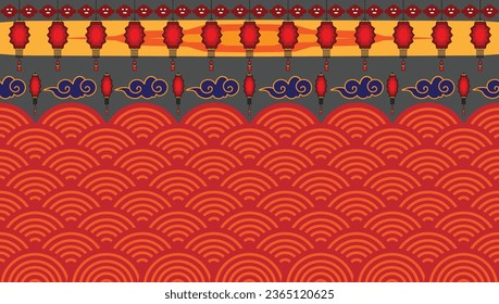 Geometric ethnic pattern traditional, Chinese style, Lantern pattern with rabbit, Floating lanterns all over the sky. Clouds are clusters. The light from the lanterns illuminates a sea of red