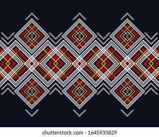 Geometric ethnic pattern traditional design on dark midnight navy background. Geometry African abstract wallpaper for handcraft, carpet, clothing, fabric design. Vector illustration