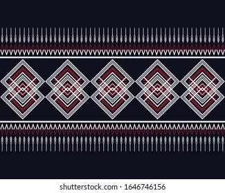 Patrón geométrico étnico diseño tradicional sobre fondo marino oscuro a medianoche. Papel de paredes abstracto geométrico oriental para artesanía, alfombra, ropa, tela de color rojo y blanco. Ilustración del vector