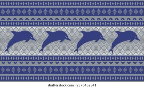 Geometric ethnic pattern traditional mixed with dolphin. Design for clothing, bag, carpet, wallpaper.