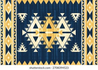 Patrón étnico geométrico con Formas triangulares en oro y crema sobre fondo texturizado azul profundo, diseño tribal moderno inspirado en la textil tradicional para el Fondo de pantalla, la tela y la decoración.