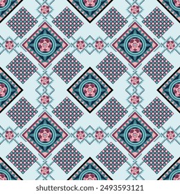 Geometric Ethnic pattern, tribal fabric, tile, vector,
illustration design, mint, flower,  