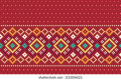 Geometric ethnic pattern, Vector embroidery knitting background, Pixel illustration pattern style, Red and yellow pattern surface, Design for textile, fabric, curtain, print, aprons