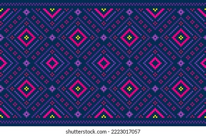 Geometric ethnic pattern, Vector embroidery abstract background, Pixel classic ethnic style, Pink and purple pattern template seamless, Design for textile, fabric, clothing, wrapping, sweater