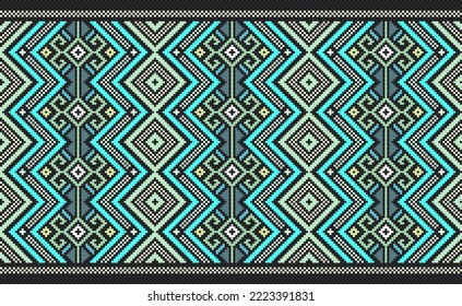 Geometric ethnic pattern, Vector embroidery abstract background, Pixel classic aztec style, Green pattern beautiful horizontal, Design for textile, fabric, backdrop, digital print, graphic